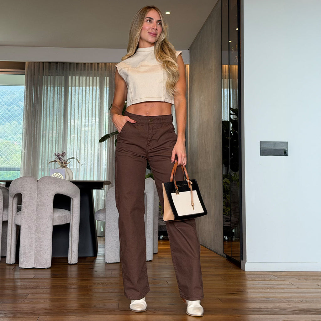 PANTALON DRILL MUJER BOTA RECTA TIRO ALTO 9266