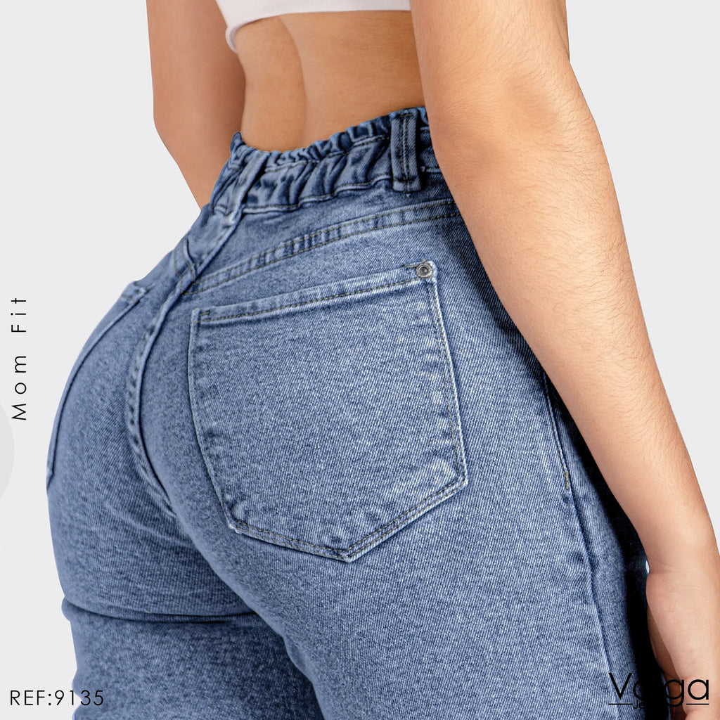 JEANS MUJER MOM TIRO ALTO PRETINA RESORTADA 9135 OSCURA