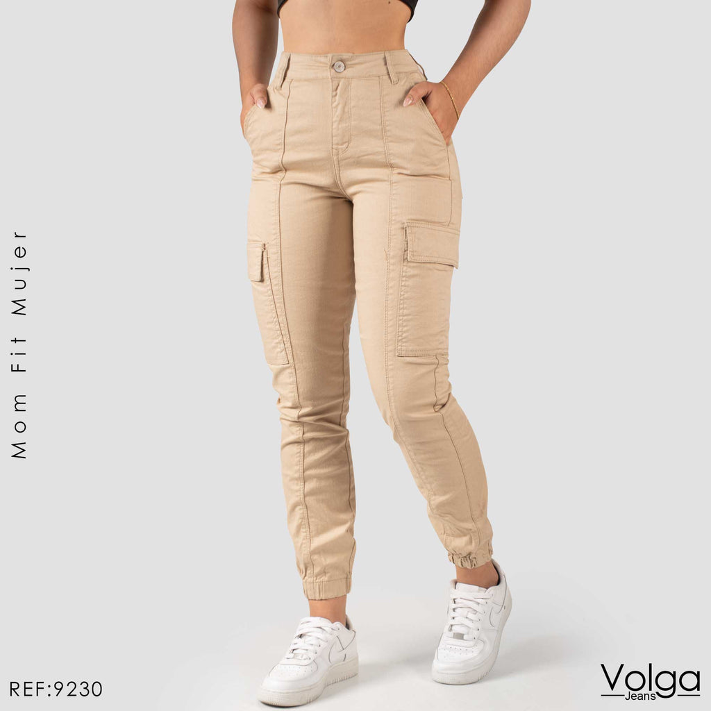PANTALON DRILL CARGO MUJER MOM FIT TIRO ALTO 9230