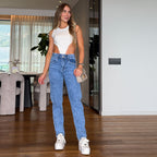 JEANS MUJER MOM FIT TIRO ALTO PRETINA RESORTADA  9275